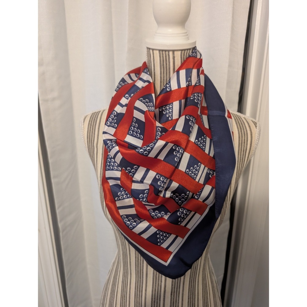 Vintage Italian Geometric Blue Red White Classic Scarf - Picture 2 of 10